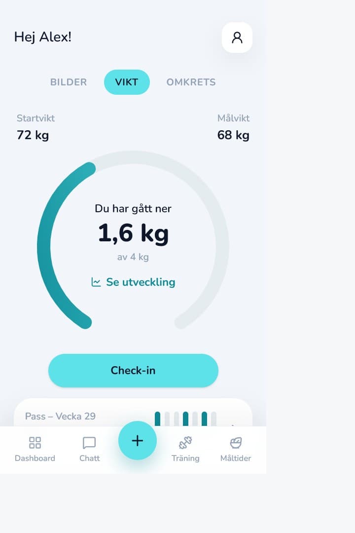 Possible klientapp med dagens träning, kost och check-in